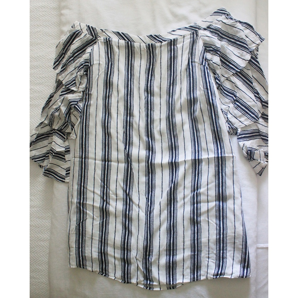 Entro White and Navy Stripe Off-Shoulder Dress